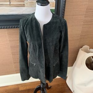 Ecru very dark greenish grey/black suede jacket.
